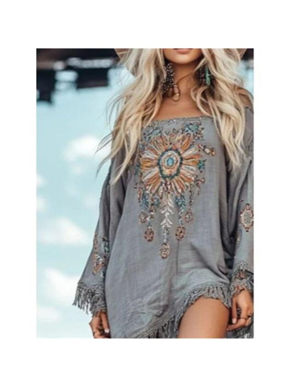 Fringe Hem Long Sleeve Mini Dress - Picture 2 of 3